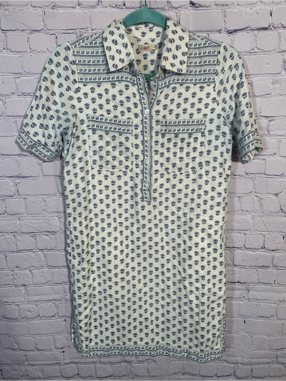 Faherty Somens Linen Blend Short Sleeve Shirt Dress MIni Blue Floral Sz XXS